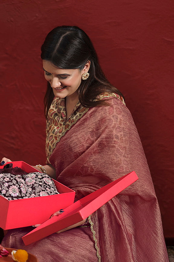 Light Maroon Pure Banarasi Jari pleat Stone with Handwork Saree