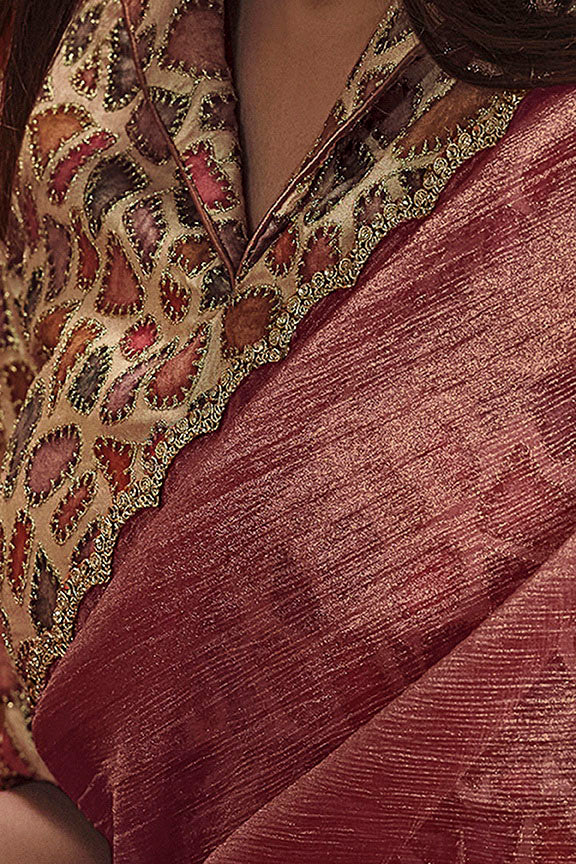 Light Maroon Pure Banarasi Jari pleat Stone with Handwork Saree