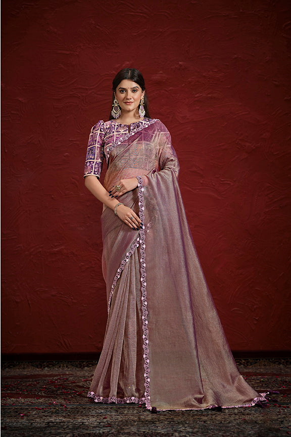 Purple Pure Banarasi Jari Crinkle Stiched Blouse Saree 