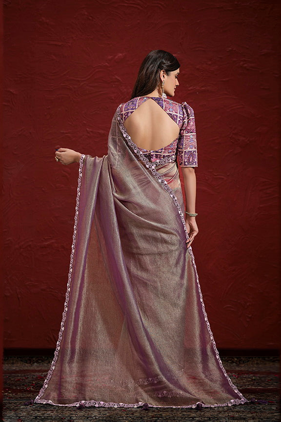 Purple Pure Banarasi Jari Crinkle Stiched Blouse Saree 