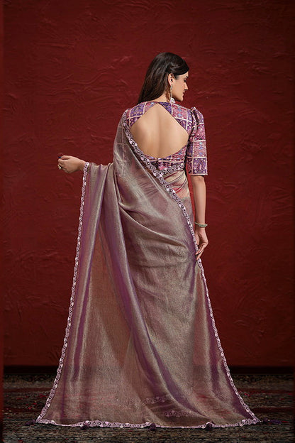 Purple Pure Banarasi Jari Crinkle Stiched Blouse Saree 