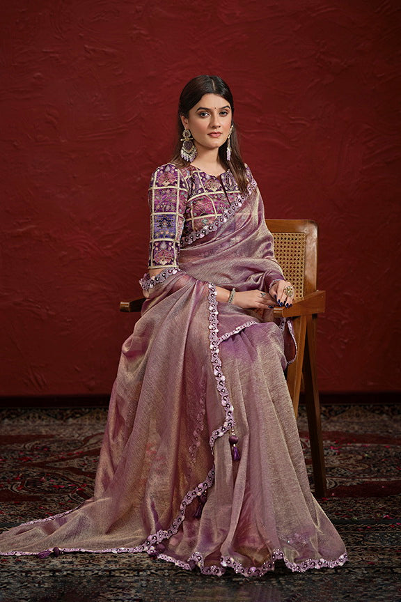 Purple Pure Banarasi Jari Crinkle Stiched Blouse Saree 