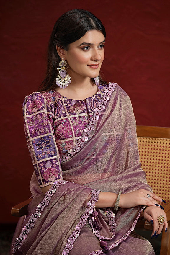 Purple Pure Banarasi Jari Crinkle Stiched Blouse Saree 