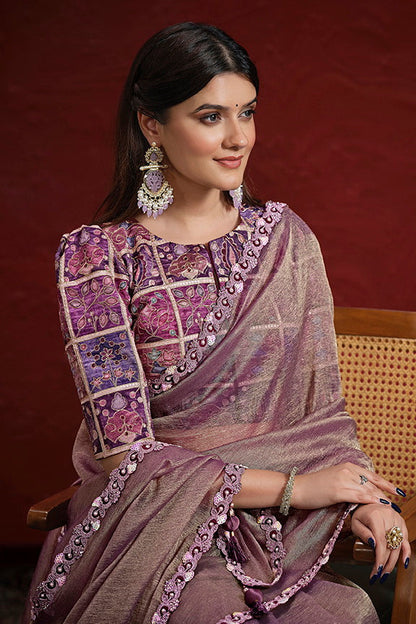 Purple Pure Banarasi Jari Crinkle Stiched Blouse Saree 