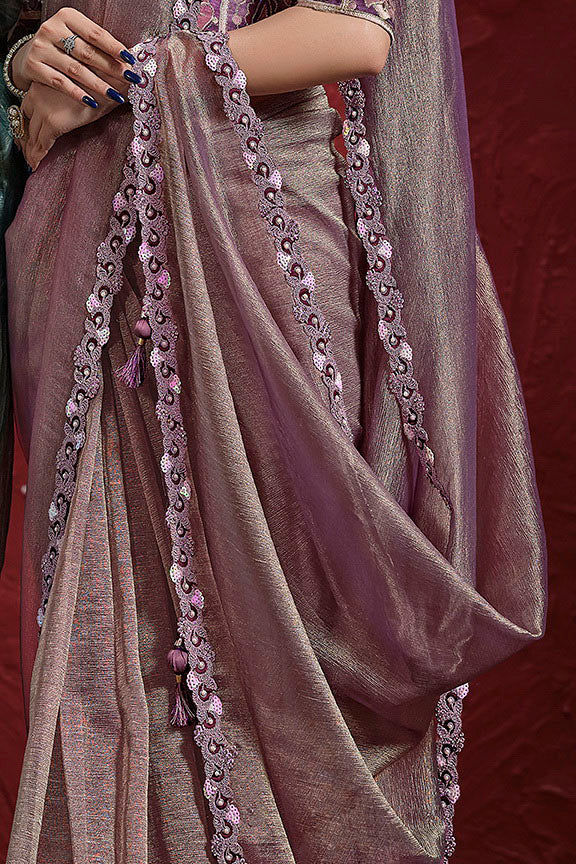 Purple Pure Banarasi Jari Crinkle Stiched Blouse Saree 