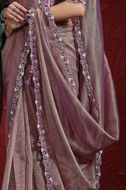 Purple Pure Banarasi Jari Crinkle Stiched Blouse Saree 