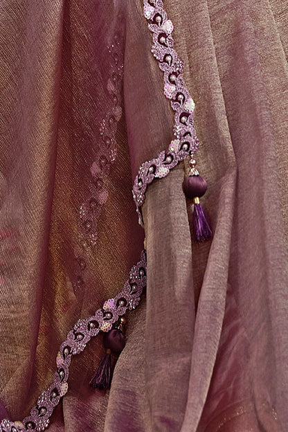 Purple Pure Banarasi Jari Crinkle Sequence with Handwork Saree