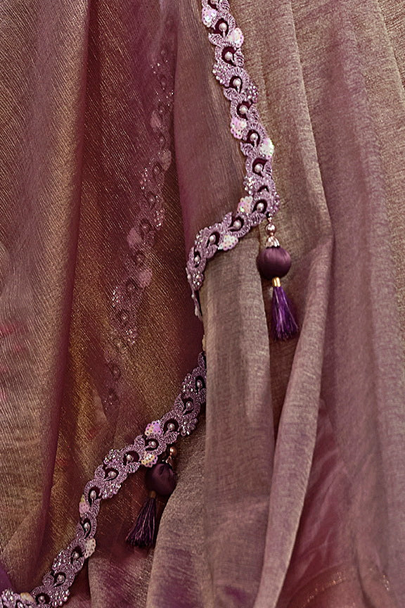 Purple Pure Banarasi Jari Crinkle Stiched Blouse Saree ##color## Banarasi Saree with premium fabric and embroidery