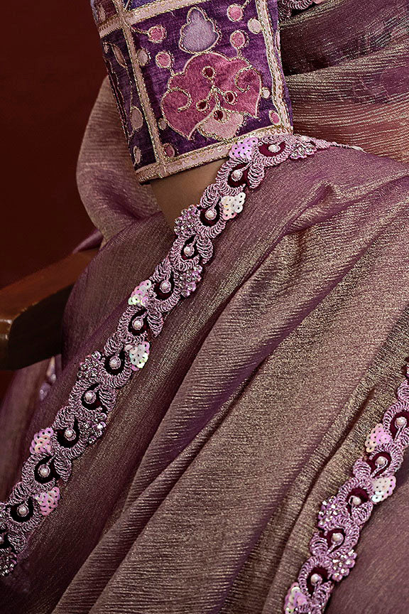 Purple Pure Banarasi Jari Crinkle Stiched Blouse Saree ##color## Banarasi Saree with premium fabric and embroidery