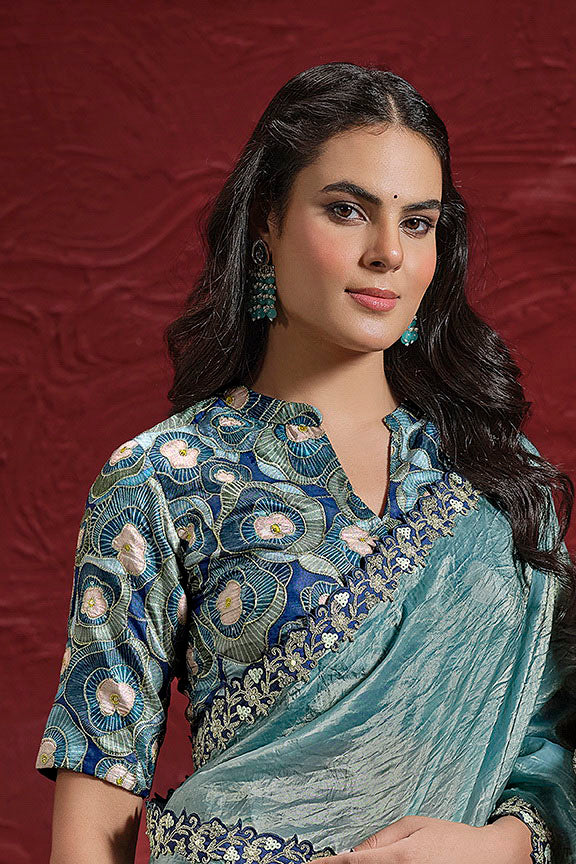 Sea Green Paper Silk Pleat Moti Handwork Saree 