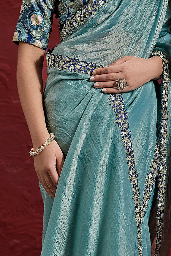 Sea Green Paper Silk Pleat Moti Handwork Saree 