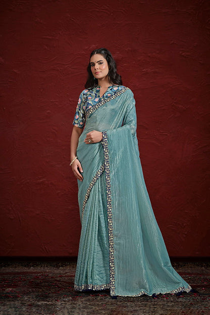Sea Green Paper Silk Pleat Moti Handwork Saree 