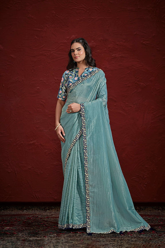 Sea Green Paper Silk Pleat Moti Handwork Saree