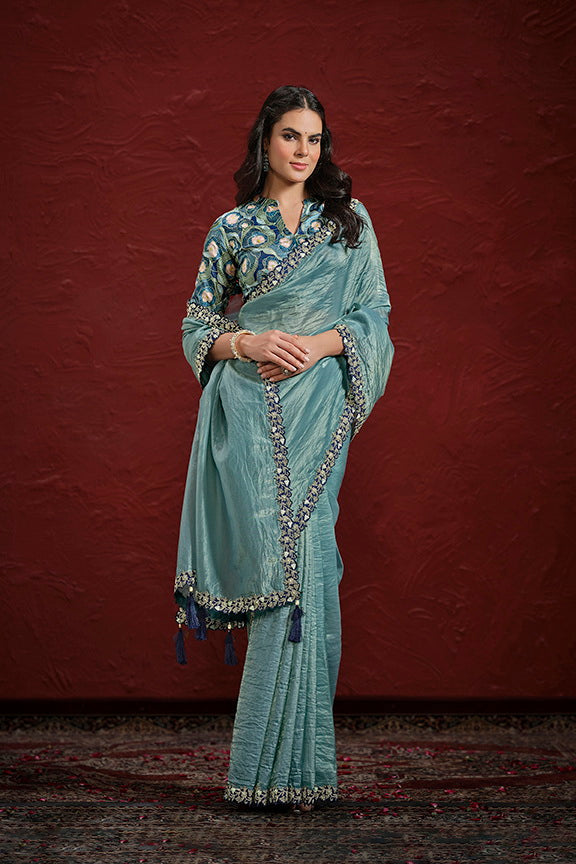Sea Green Paper Silk Pleat Moti Handwork Saree 