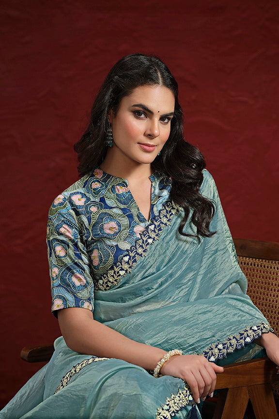 Sea Green Paper Silk Pleat Moti Handwork Saree 