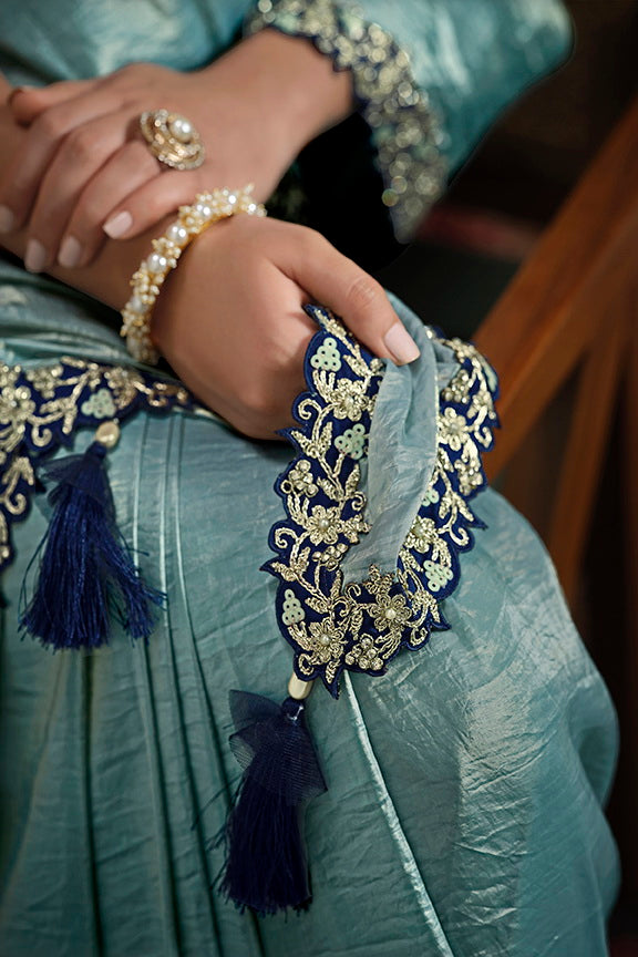Sea Green Paper Silk Pleat Moti Handwork Saree 