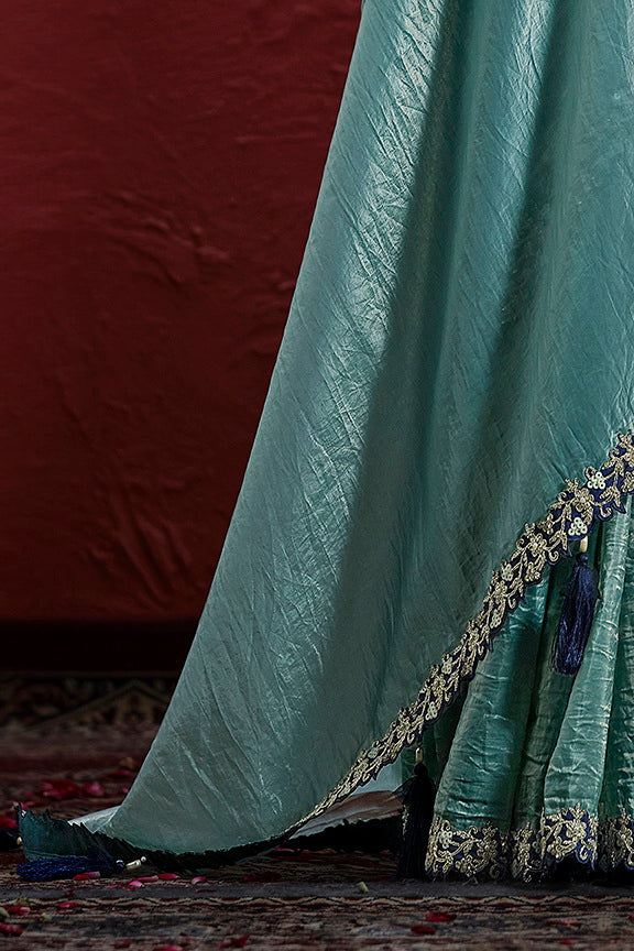 Sea Green Paper Silk Pleat Moti Handwork Saree 