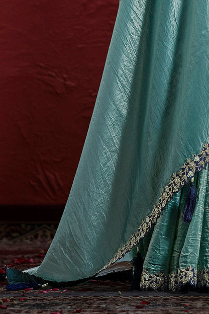 Sea Green Paper Silk Pleat Moti Handwork Saree 