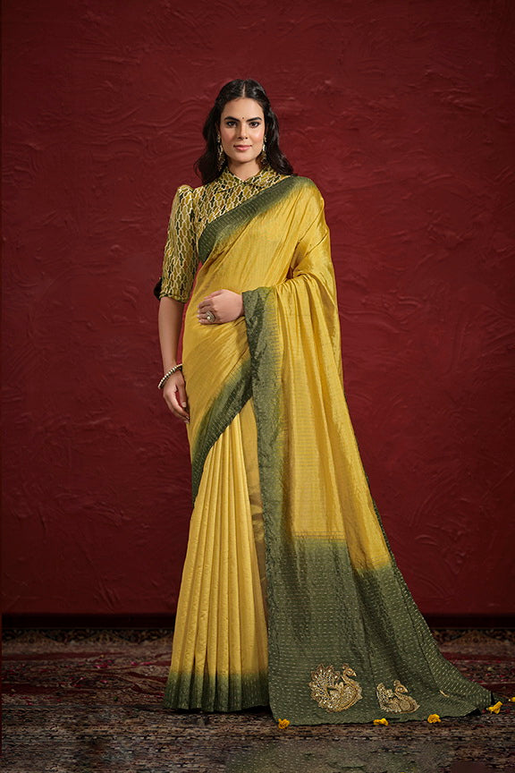 Mustard Green Pure Soft Dola Upada Silk With Stiched Blouse Saree ##color## Banarasi Saree with premium fabric and embroidery