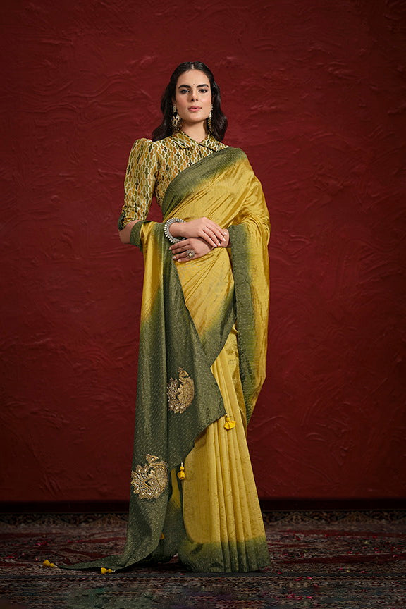 Mustard Green Pure Soft Dola Upada Silk With Stiched Blouse Saree 
