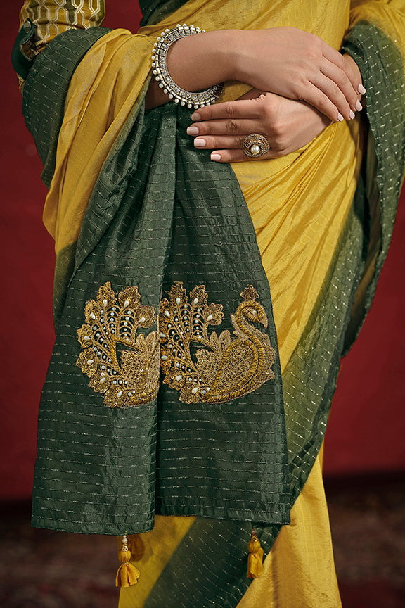 Mustard Green Pure Soft Dola Upada Silk With Stiched Blouse Saree 