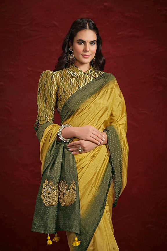 Mustard Green Pure Soft Dola Upada Silk With Stiched Blouse Saree ##color## Banarasi Saree with premium fabric and embroidery
