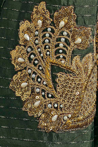 Mustard Green Pure Soft Dola Upada Silk With Stiched Blouse Saree 