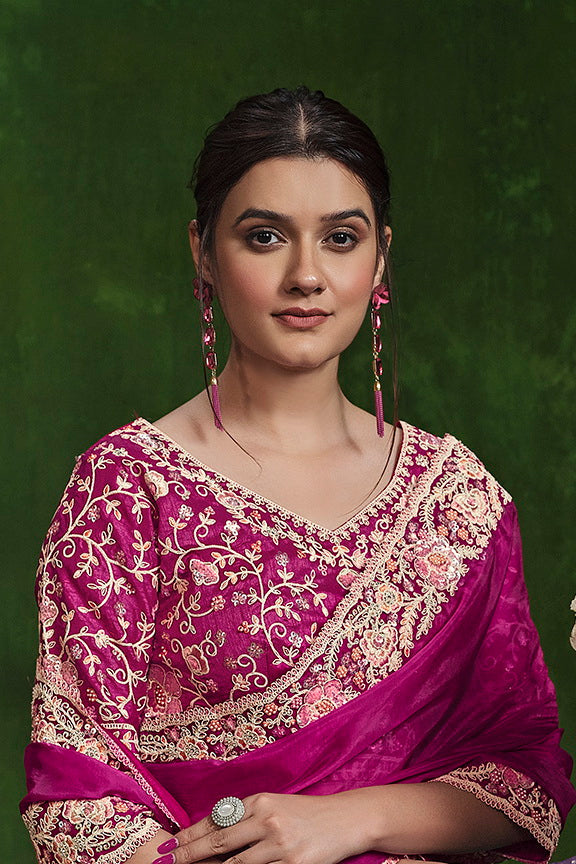 Pink Habotai Silk Sequence with Handwork Saree with Stitched Blouse