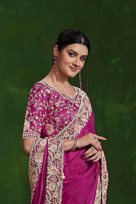 Pink Habotai Silk Sequence with Handwork Saree with Stitched Blouse