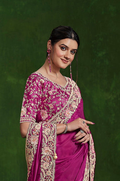 Pink Habotai Silk Sequence with Handwork Saree with Stitched Blouse