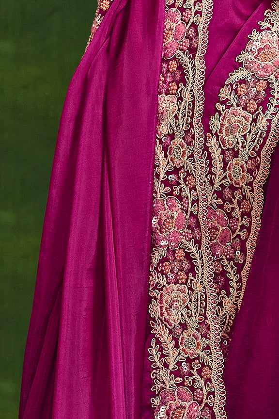 Pink Habotai Silk Sequence with Handwork Saree with Stitched Blouse