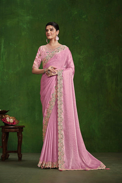 Pink Tone Satin Silk Dual Sequence with Diamond work Saree with Stitched Blouse