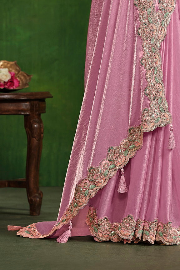 Pink Tone Satin Silk Dual Sequence with Diamond work Saree with Stitched Blouse