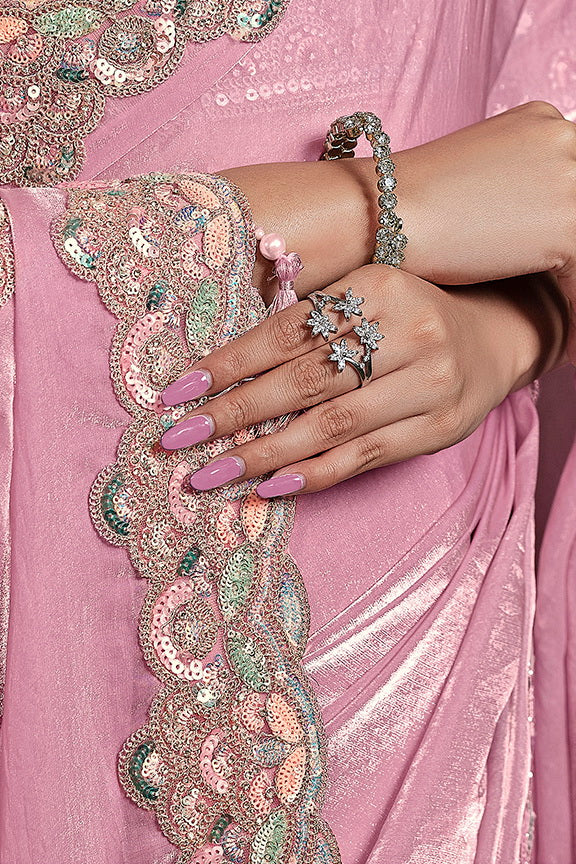Pink Tone Satin Silk Dual Sequence with Diamond work Saree with Stitched Blouse