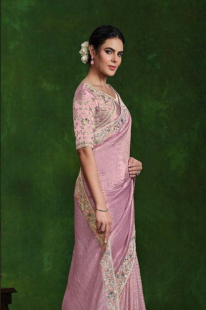Dusty Pink Crush Paper Silk Dual Sequence with Handwork Saree with Stitched Blouse
