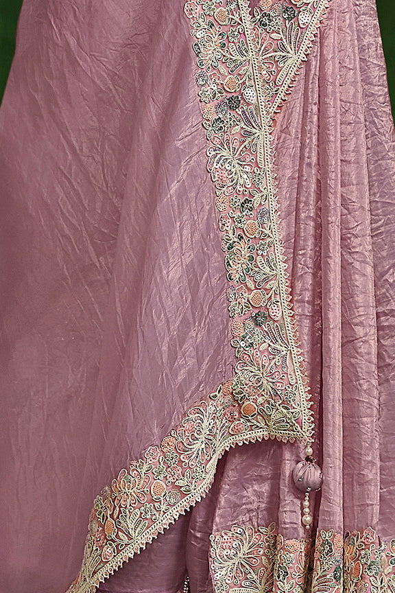 Dusty Pink Crush Paper Silk Dual Sequence with Handwork Saree with Stitched Blouse