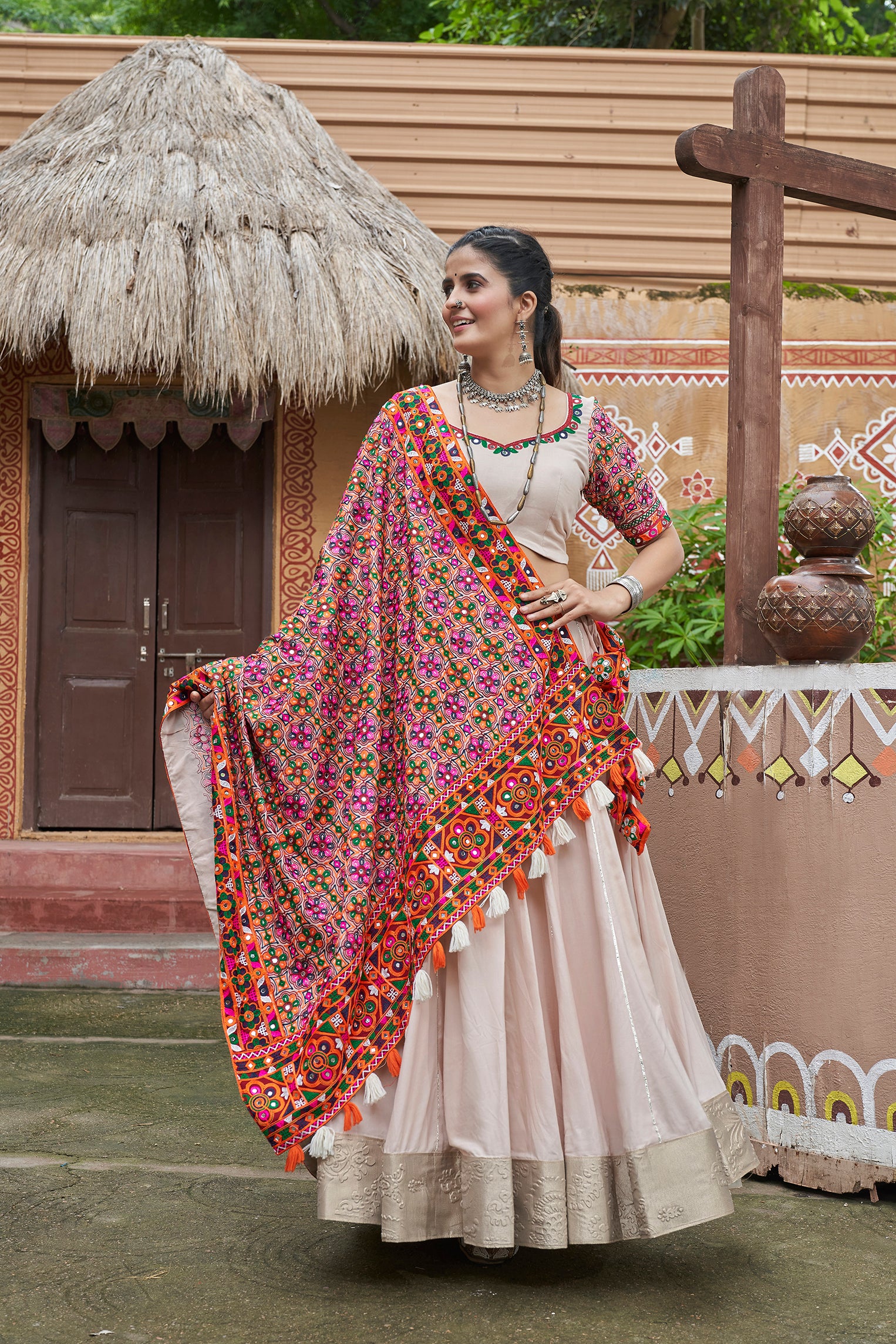 Off-white Chaniya Choli with Kutchi dupatta

