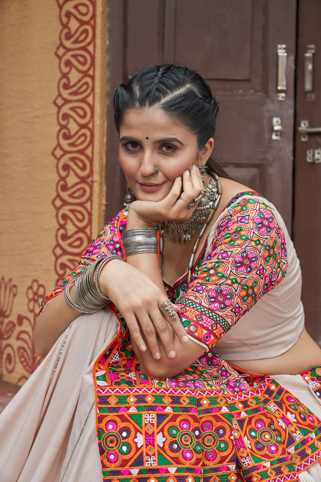 Off-white Chaniya Choli with Kutchi dupatta


