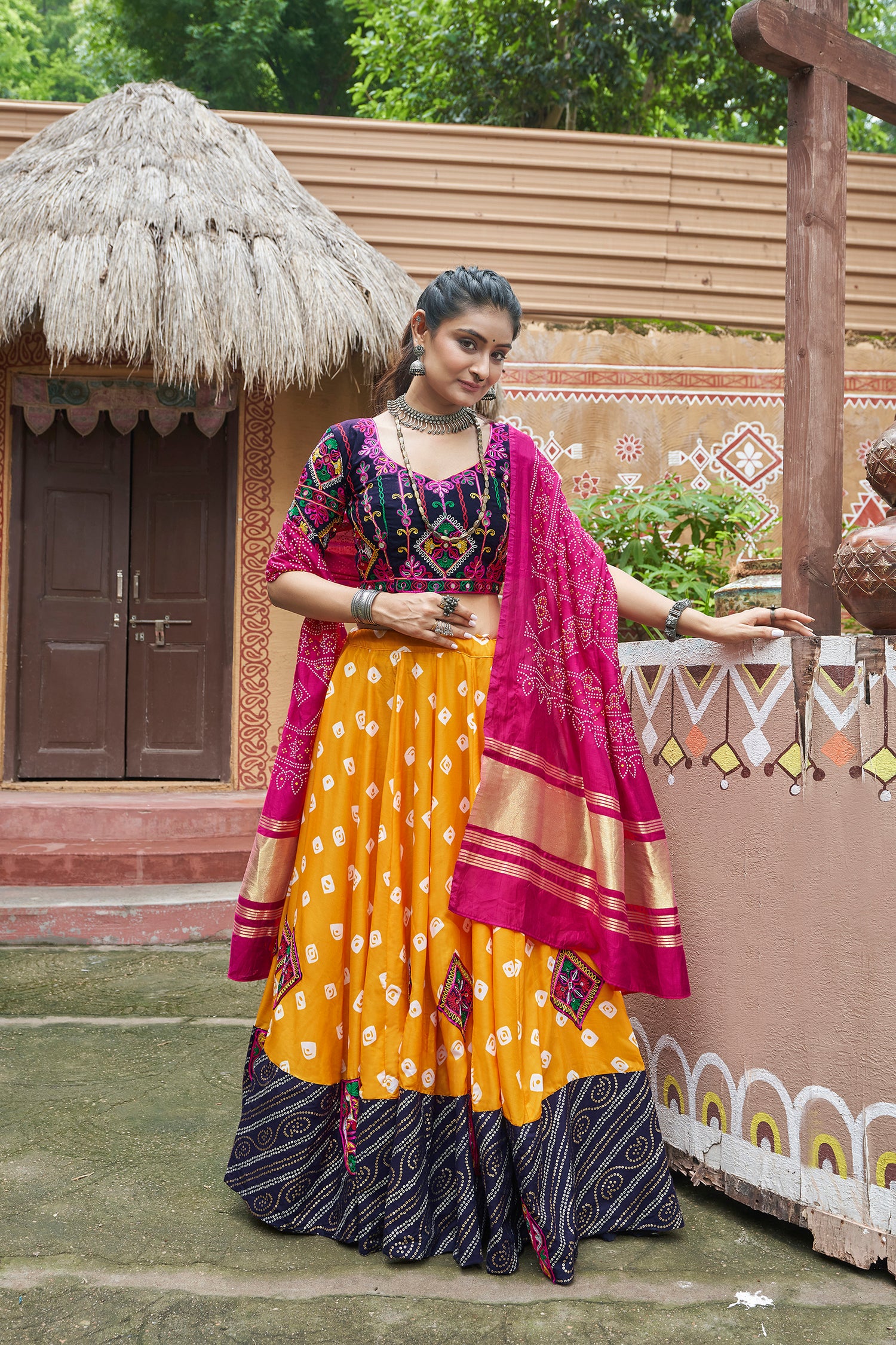 Yellow and navy printed Chaniya Choli for Navratri

