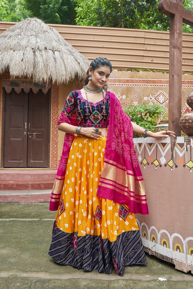 Yellow and navy printed Chaniya Choli for Navratri

