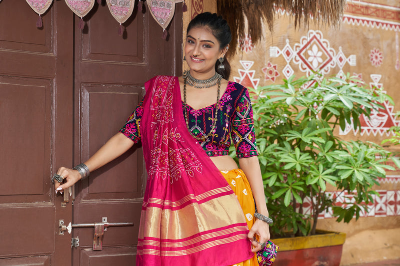 Back view of yellow lehenga with digital print design

