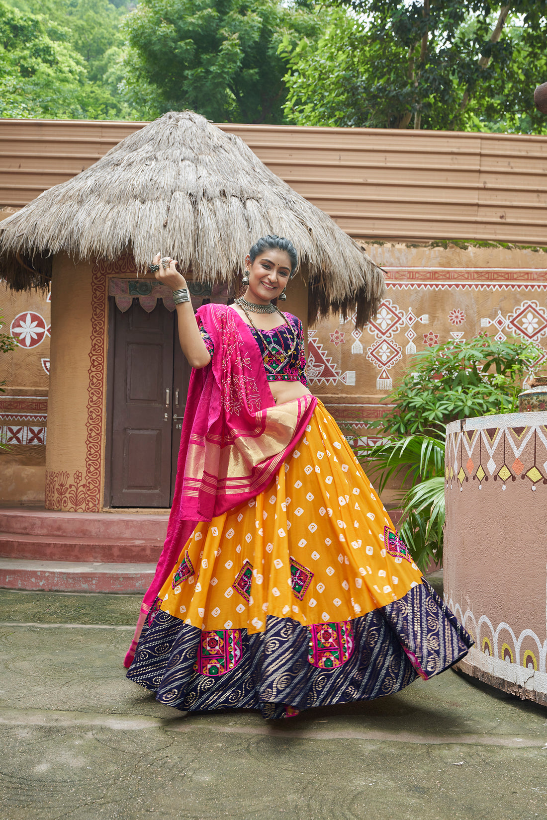 Yellow and navy printed Chaniya Choli for Navratri

