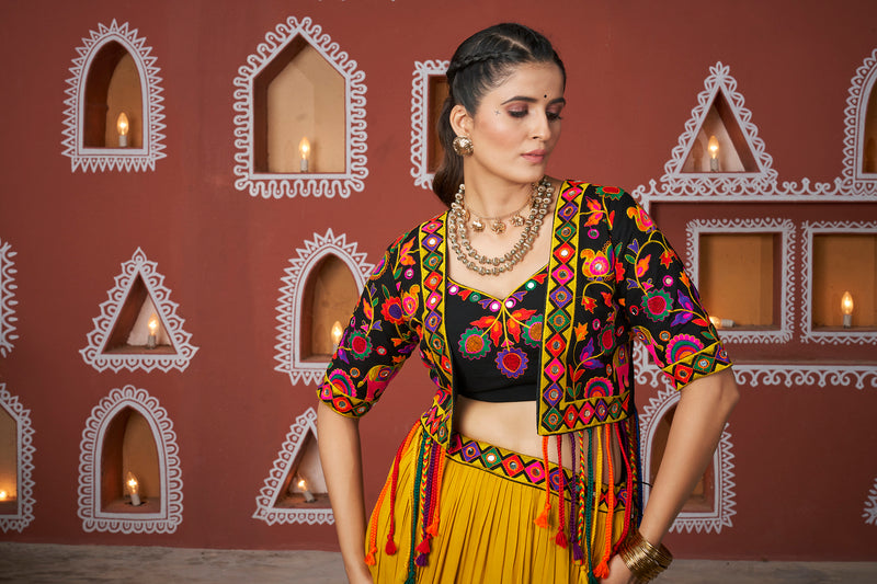 Traditional Dandiya outfit with mustard black layered Chaniya Choli

