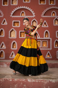 Close-up of mirror and thread work jacket on Chaniya Choli set

