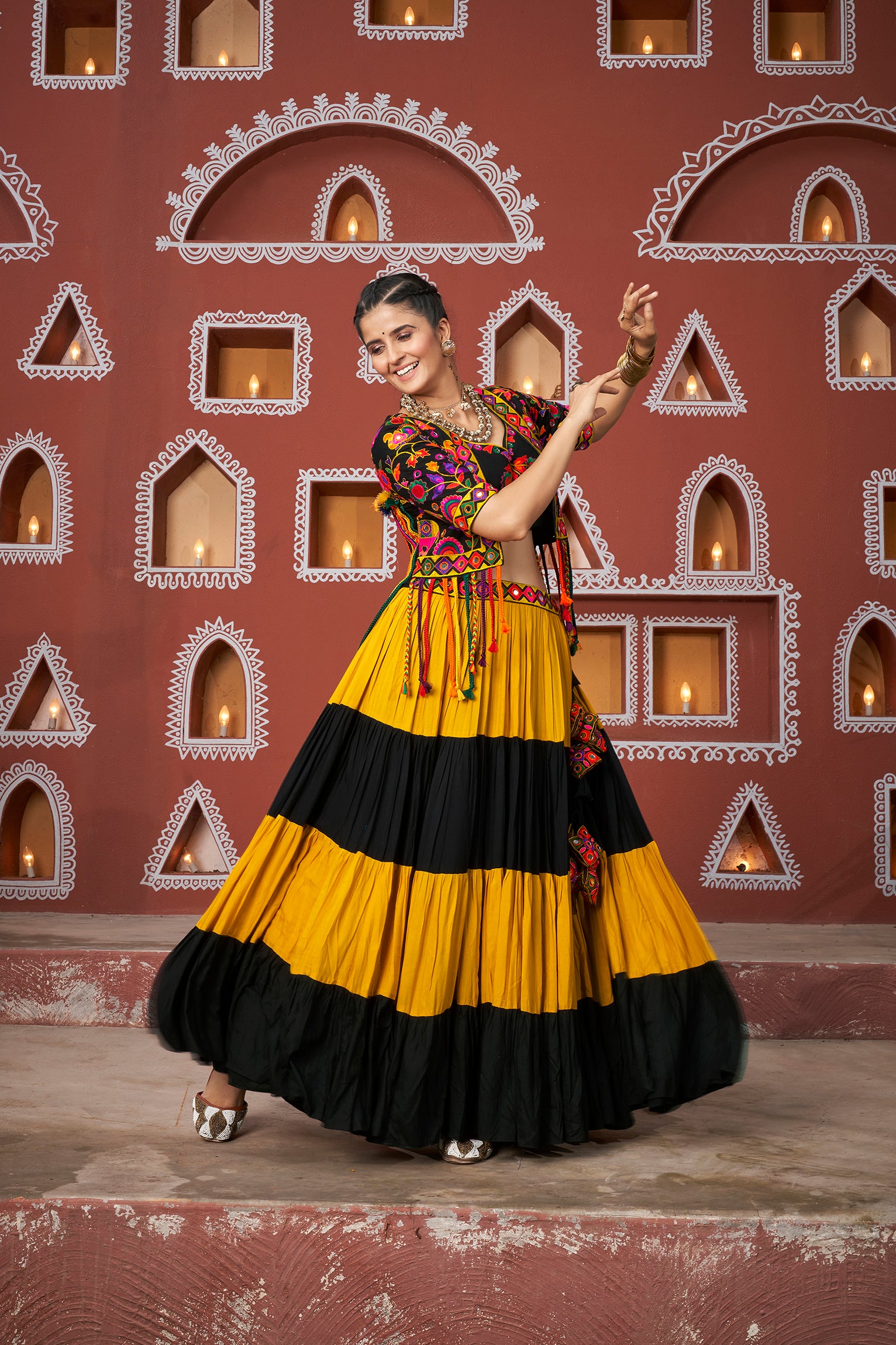 Close-up of mirror and thread work jacket on Chaniya Choli set

