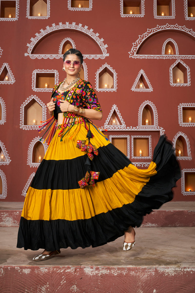 Chaniya Choli with shell tassels and vibrant mirror accents

