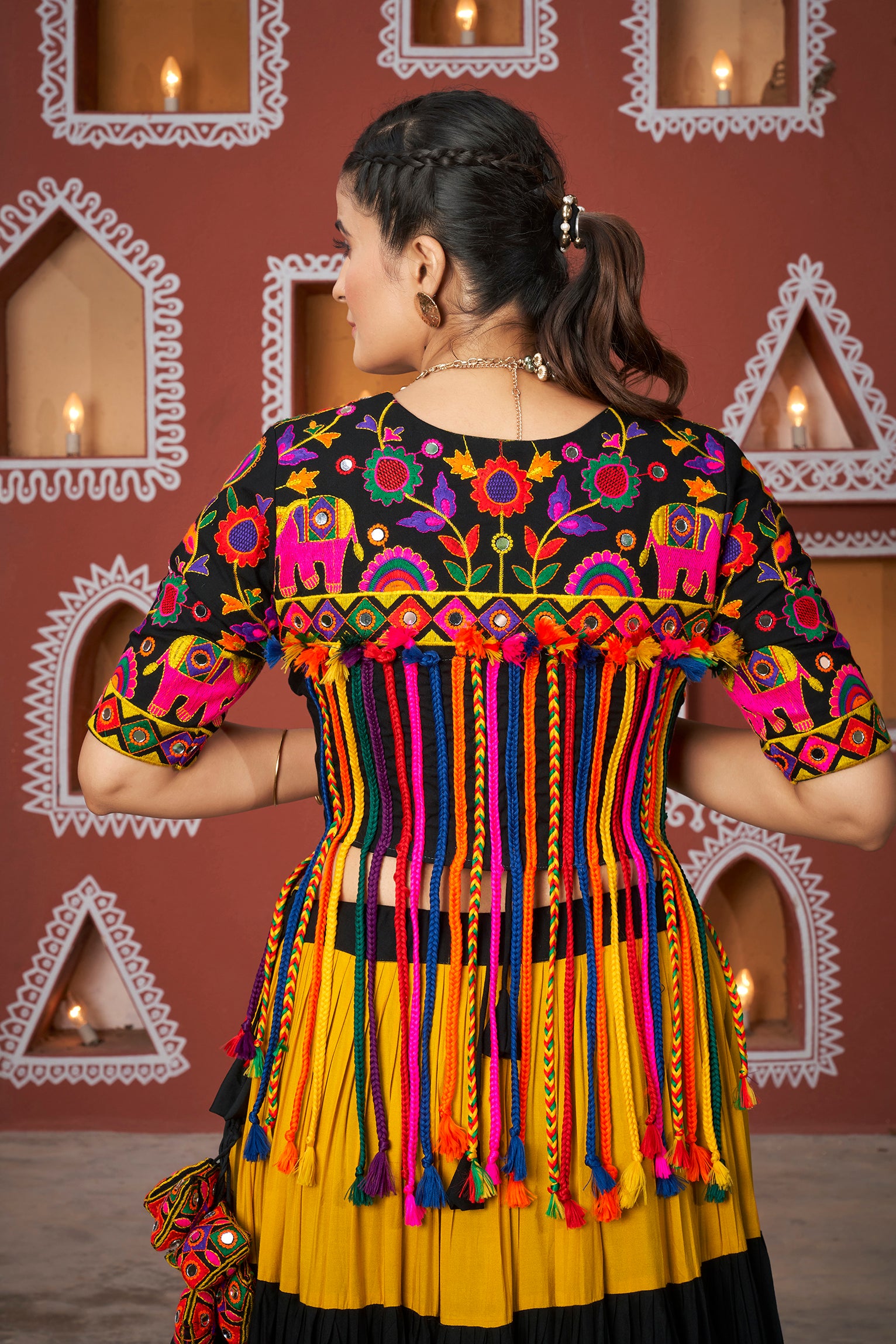 Festive Chaniya Choli outfit for Navratri in mustard and black


