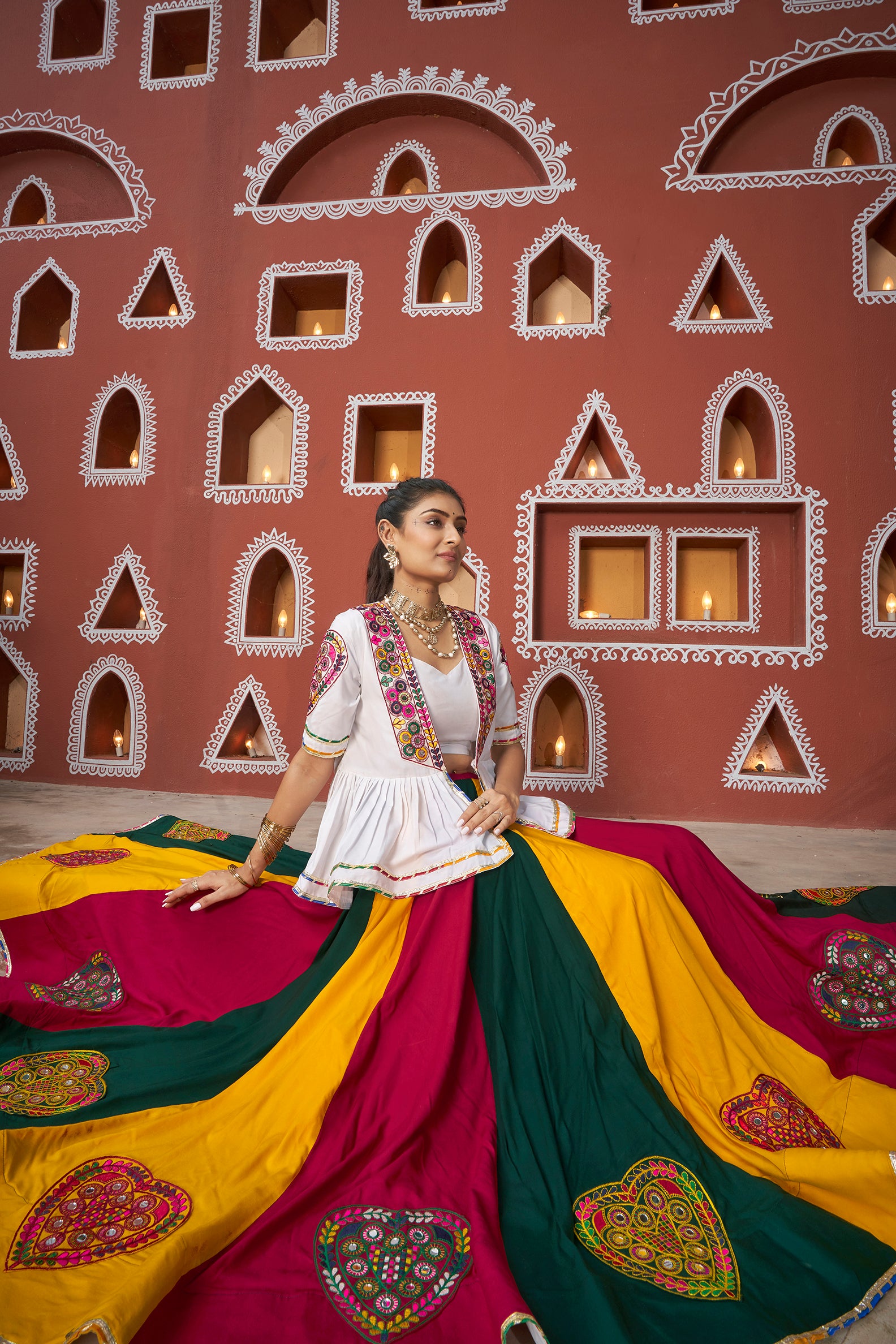 Traditional Garba dress with vertical stripe lehenga and embroidered jacket