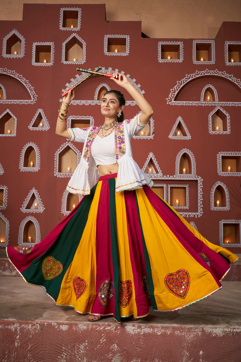Front pose of festive Chaniya Choli with colorful lehenga and fusion top