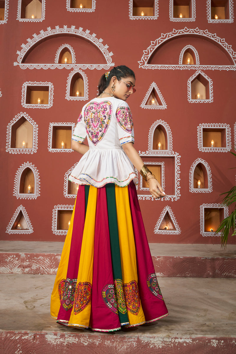 White peplum top and multicolor Chaniya Choli for Garba night